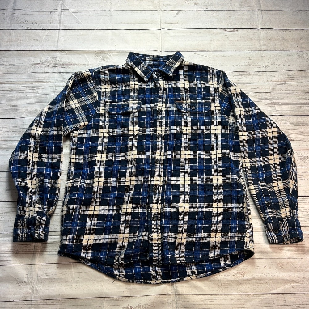 Orvis Blue & White Plaid Heavyweight Flannel Button Up Shirt‎ Men's Size L